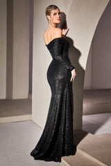 Cinderella Divine CH135 Long Sleeve Sequin Evening Gown