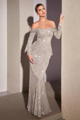 Cinderella Divine CH135 Long Sleeve Sequin Evening Gown