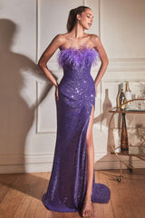 Cinderella Divine CH147 Long Strapless Feathered Prom Dress
