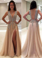 Sexy A Line V Neck Rhinestone Champagne Prom Dress with Slit, V Neck Graduation Dress