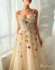 Champagne 3D Floral Lace Prom Dresses Spaghetti Strap Formal Gown TO003