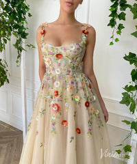 Champagne 3D Floral Lace Prom Dresses Spaghetti Strap Formal Gown TO003