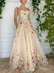 Champagne 3D Floral Lace Prom Dresses Spaghetti Strap Formal Gown TO003