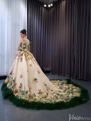 Champagne 3D Flower Wedding Gown Green Ruffled Quinceanera Dresses 241067