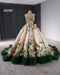 Champagne 3D Flower Wedding Gown Green Ruffled Quinceanera Dresses 241067