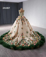 Champagne 3D Flower Wedding Gown Green Ruffled Quinceanera Dresses 241067