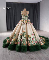 Champagne 3D Flower Wedding Gown Green Ruffled Quinceanera Dresses 241067