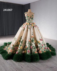Champagne 3D Flower Wedding Gown Green Ruffled Quinceanera Dresses 241067
