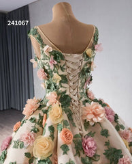 Champagne 3D Flower Wedding Gown Green Ruffled Quinceanera Dresses 241067