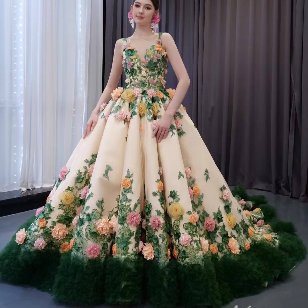 Champagne 3D Flower Wedding Gown Green Ruffled Quinceanera Dresses 241067