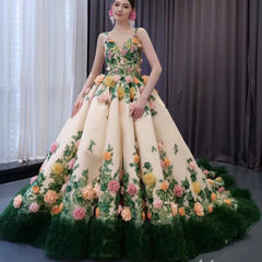 Champagne 3D Flower Wedding Gown Green Ruffled Quinceanera Dresses 241067