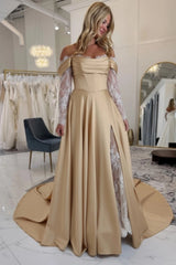 Off-the-Shoulder Satin Wedding Dress Aline Long Sleeves Lace Bridal Dress with Split