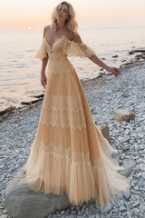 Deep V Neck A Line Boho Wedding Dresses Lace Short Sleeve Bridal Gown With Sweep Train