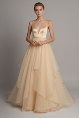 White A-Line Wedding Dresses Sleeveless Tiered V-Neck Long Bridal Dresses