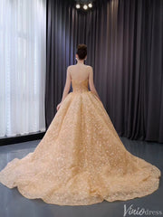 Champagne Beaded Floral Lace Wedding Gown Strapless Quinceanera Dress 241036