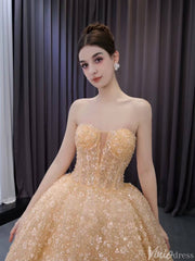 Champagne Beaded Floral Lace Wedding Gown Strapless Quinceanera Dress 241036
