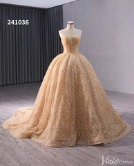 Champagne Beaded Floral Lace Wedding Gown Strapless Quinceanera Dress 241036