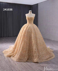 Champagne Beaded Floral Lace Wedding Gown Strapless Quinceanera Dress 241036