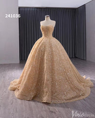 Champagne Beaded Floral Lace Wedding Gown Strapless Quinceanera Dress 241036