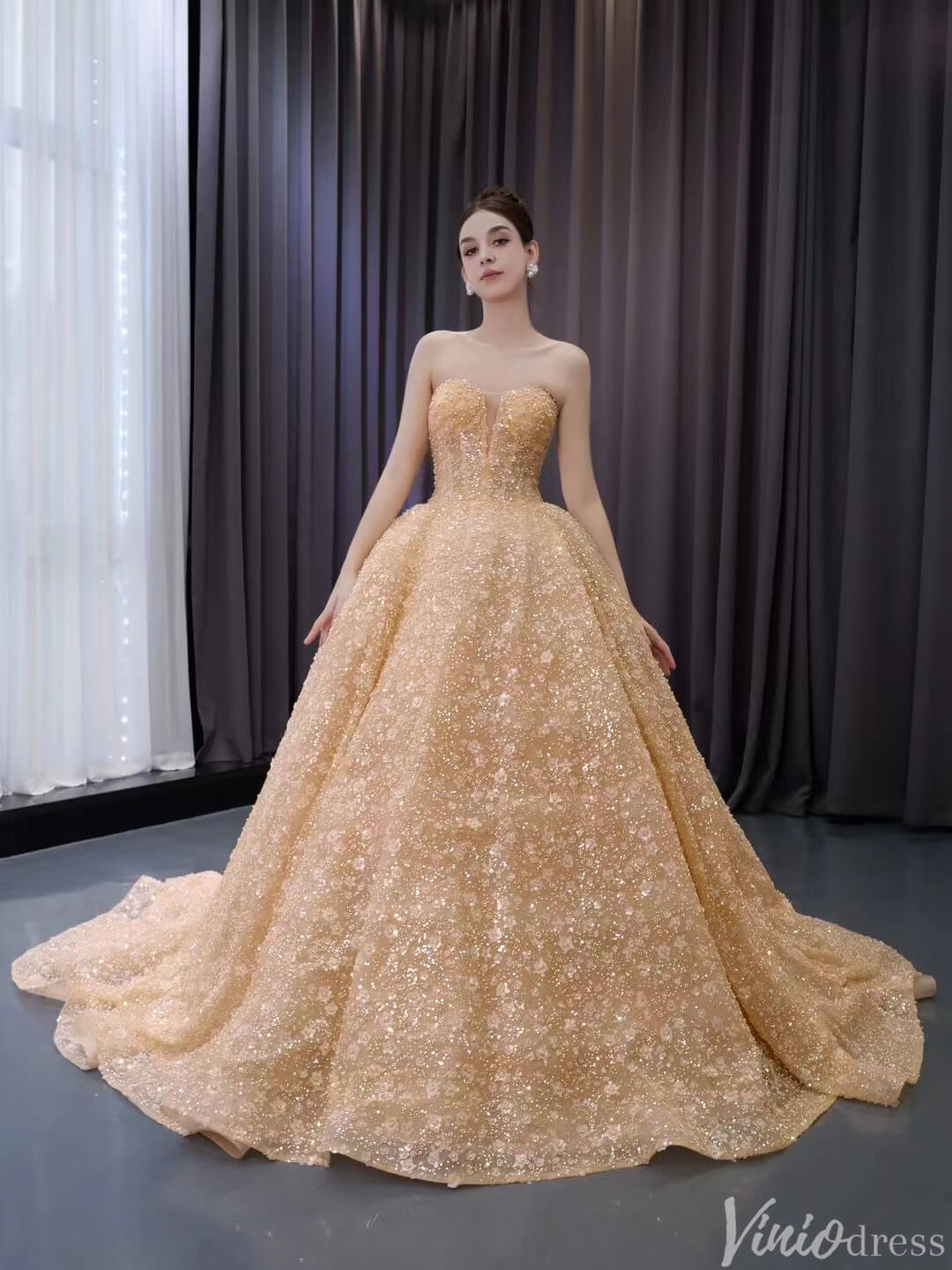 Champagne Beaded Floral Lace Wedding Gown Strapless Quinceanera Dress 241036