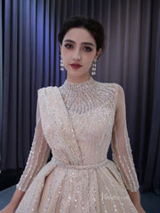 Champagne Beaded Formal Dresses Long Sleeve Wedding Dress 222134