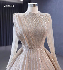 Champagne Beaded Formal Dresses Long Sleeve Wedding Dress 222134