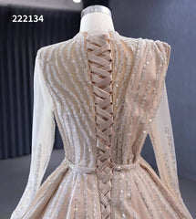 Champagne Beaded Formal Dresses Long Sleeve Wedding Dress 222134