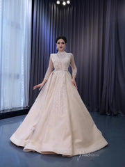 Champagne Beaded Formal Dresses Long Sleeve Wedding Dress 222134