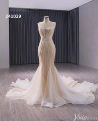 Champagne Beaded Mermaid Wedding Gown Strapless Bridal Dress 241039