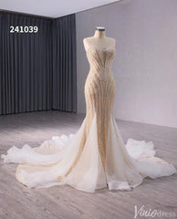 Champagne Beaded Mermaid Wedding Gown Strapless Bridal Dress 241039