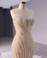 Champagne Beaded Mermaid Wedding Gown Strapless Bridal Dress 241039