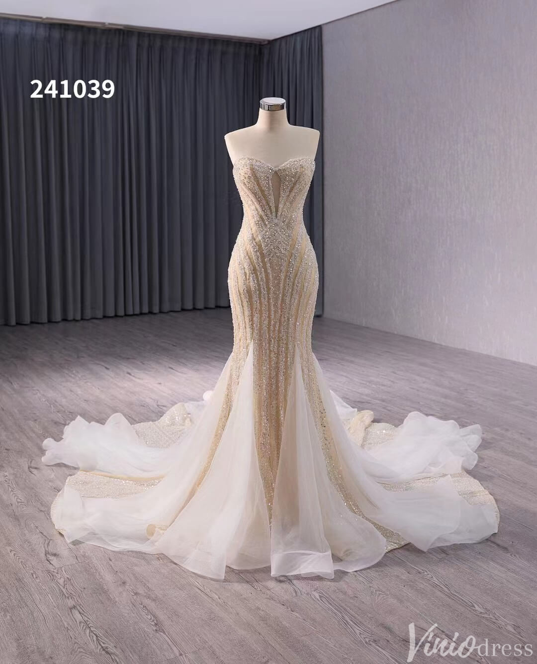 Champagne Beaded Mermaid Wedding Gown Strapless Bridal Dress 241039