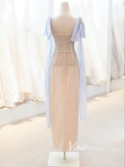Champagne Beaded Prom Dresses Tea-Length Spaghetti Strap Evening Dress FD3438