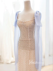 Champagne Beaded Prom Dresses Tea-Length Spaghetti Strap Evening Dress FD3438
