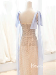 Champagne Beaded Prom Dresses Tea-Length Spaghetti Strap Evening Dress FD3438