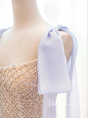 Champagne Beaded Prom Dresses Tea-Length Spaghetti Strap Evening Dress FD3438
