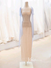 Champagne Beaded Prom Dresses Tea-Length Spaghetti Strap Evening Dress FD3438