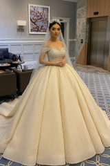 Elegant Off-the-Shoulder Backless Wedding Dress with Pearl Beading