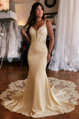 Ivory Mermaid Wedding Dress with Lace Appliques & Cathedral Train