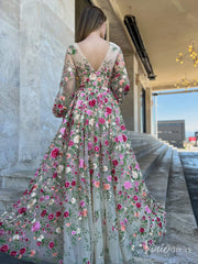 Champagne Floral Blossom Lace Prom Dresses Sheer Long Sleeve V-Neck TO007