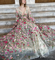 Champagne Floral Blossom Lace Prom Dresses Sheer Long Sleeve V-Neck TO007