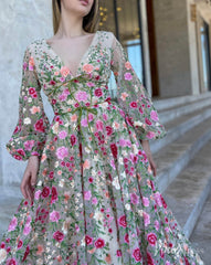 Champagne Floral Blossom Lace Prom Dresses Sheer Long Sleeve V-Neck TO007