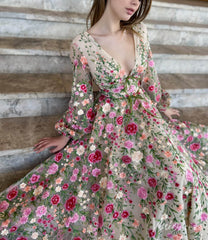 Champagne Floral Blossom Lace Prom Dresses Sheer Long Sleeve V-Neck TO007