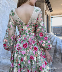 Champagne Floral Blossom Lace Prom Dresses Sheer Long Sleeve V-Neck TO007