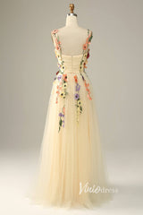 Champagne Floral Lace Prom Dresses Spaghetti Strap Evening Dress SD1441B