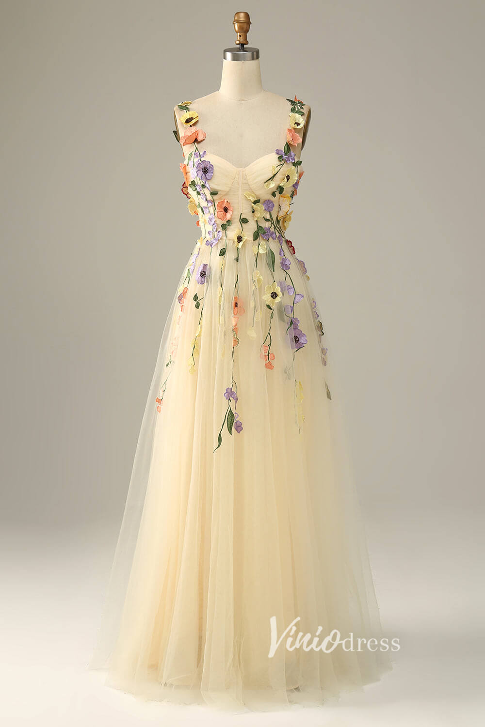 Champagne Floral Lace Prom Dresses Spaghetti Strap Evening Dress SD1441B