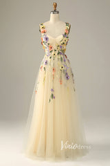 Champagne Floral Lace Prom Dresses Spaghetti Strap Evening Dress SD1441B