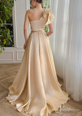 Champagne Floral Lace Satin Prom Dresses with Slit Pockets Bow One Shoulder TO002