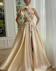 Champagne Floral Lace Satin Prom Dresses with Slit Pockets Bow One Shoulder TO002