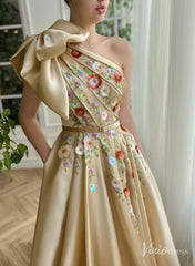Champagne Floral Lace Satin Prom Dresses with Slit Pockets Bow One Shoulder TO002